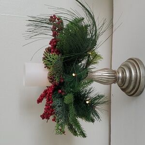 Antiqued Silver Petasole With Christmas Winter Greens and Lights